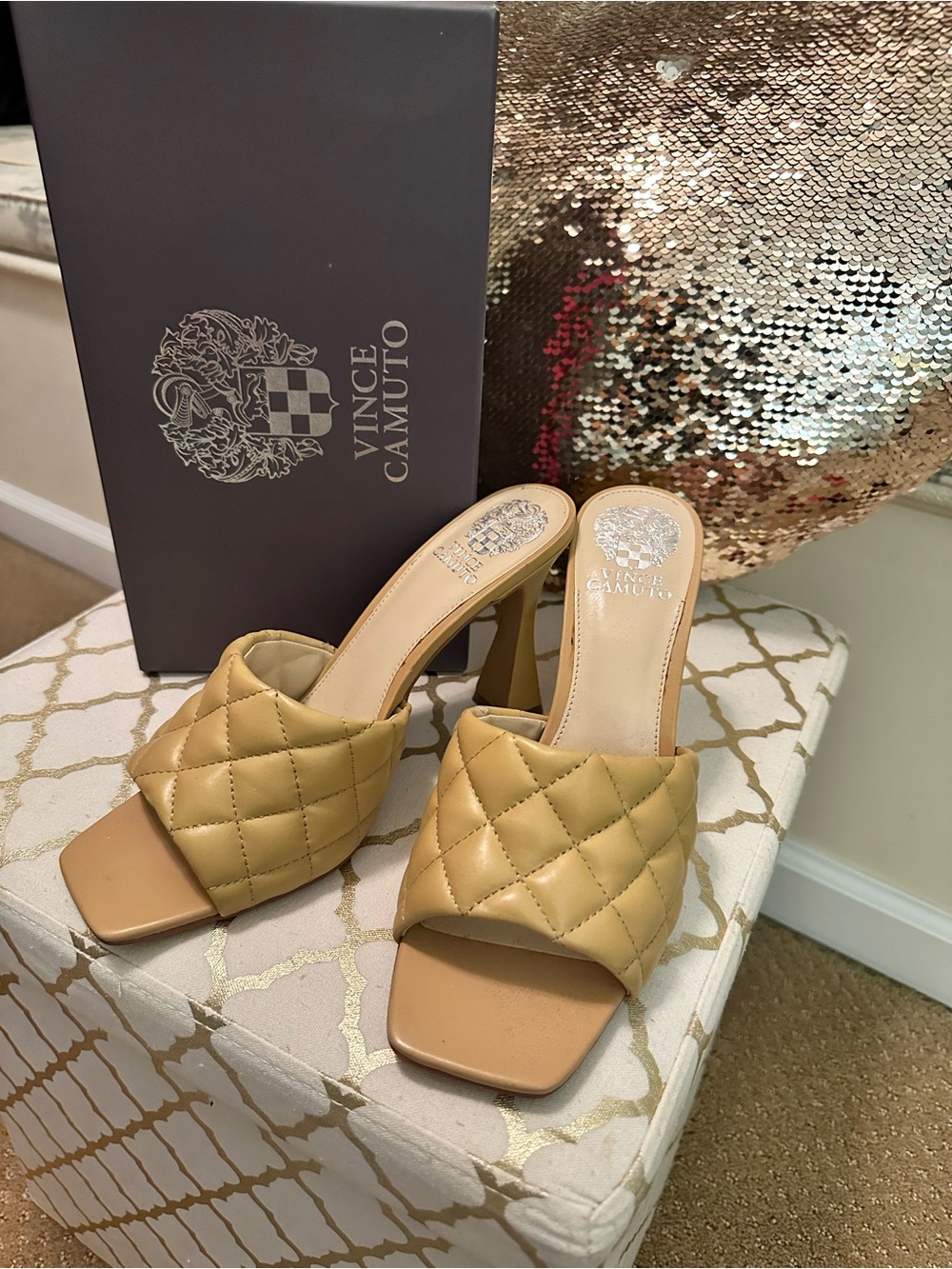 Vince Camuto Quilted Camel-Tan Slide Heels